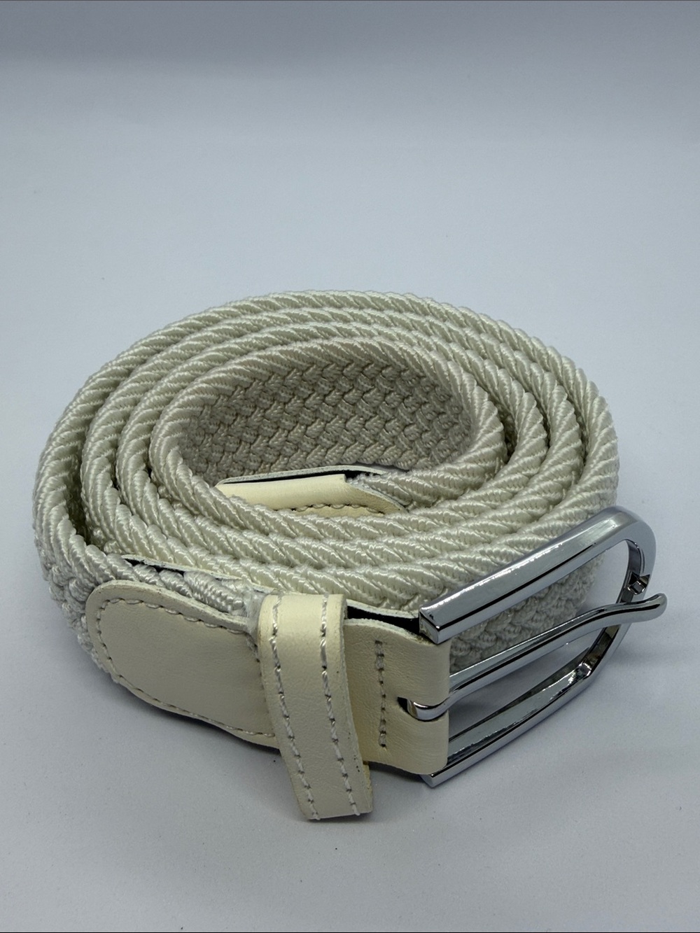 Men's Cream Woven Belt with Polished Silver Buckle